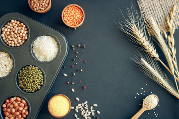 Assortment of legumes, grains and seeds.