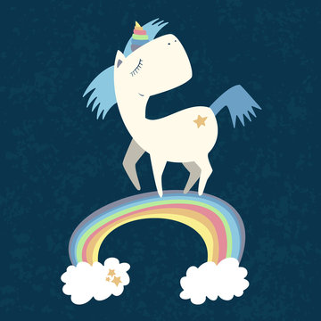A dreamy unicorn runs along the rainbow. On a dark sky background with a worn texture. Clouds, stars, bright color. Vector illustration.