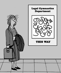 Cartoon illustration of tired female lawyer looking at jumbled directions for 'legal gymnastics department'.