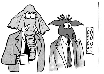 Political illustration showing a Republican elephant and a Democratic donkey trying not to notice one another. 