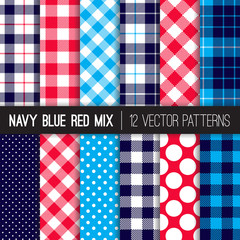 Fototapeta premium Patriotic Red, White, Blue Polka Dots, Gingham and Tartan Plaid Vector Patterns. July 4th Independence Day Backgrounds. Hipster Flannel Shirt or BBQ Tablecloth Textures. Pattern Tile Swatches Included