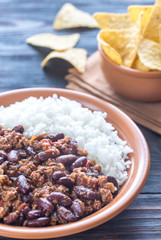 Bowl of chili con carne with white rice