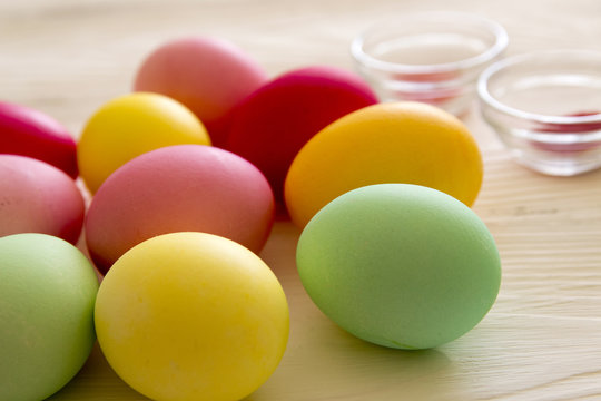 Colored painted eggs. Easter celebrating