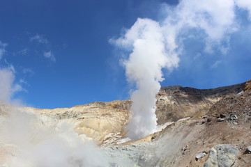 White fumaroles of the volcano Mutnovsky Kamchatka