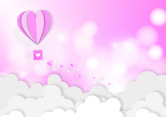 Illustration of love and valentine day,Origami made hot air balloon flying