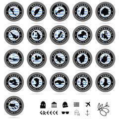 greek island paradise grunge rubber set in black color illustration
