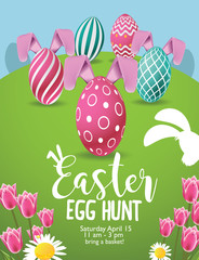 Easter Egg Hunt background with colorful eggs, tulips and daisies. EPS 10 vector.
