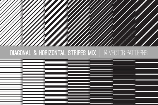 Black and White Diagonal and Horizontal Stripes Vector Patterns. Modern Striped Backgrounds. Set of Pin Stripes and Candy Stripes. Variable Thickness Lines. Pattern Tile Swatches Included.