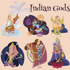 Set of isolated hindu gods meditation in yoga poses lotus and Goddess hinduism religion, traditional asian culture spiritual mythology, deity worship festival vector illustrations, T-shirt concepts