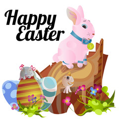 Set of easter chocolate egg hunt bunny basket on green grass decorated flowers, rabbit happy spring season holiday tradition greeting card or banner collection vector illustration on white background