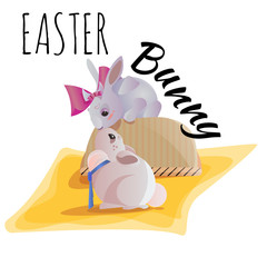 Set of easter chocolate egg hunt bunny basket on green grass decorated flowers, rabbit happy spring season holiday tradition greeting card or banner collection vector illustration on white background