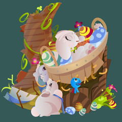 Obraz premium Set of easter chocolate egg hunt bunny basket on green grass decorated flowers, rabbit funny ears, happy spring season holiday tradition greeting card banner collection vector illustration background