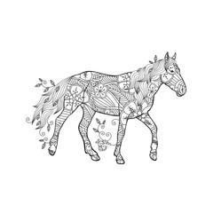 Coloring page in zentangle inspired style. Running horse ornate by flowers and leaves isolated on white background.