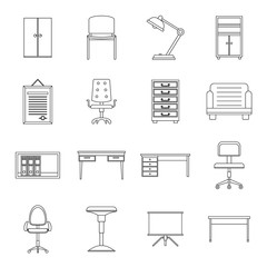 Office furniture icons set, outline style