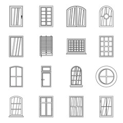Plastic window forms icons set, outline style
