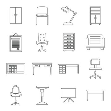 Office furniture icons set, outline style