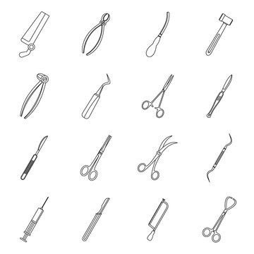 Surgeons tools icons set, outline style