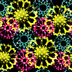 Materiał do szycia Abstract seamless pattern bright design. Dotted black background. Geometric swatch with watercolor effect. Textile print for bed linen, jacket, package design, fabric and fashion concepts.