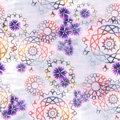 Materiał do szycia Seamless pattern with flowers and ethnic ornaments. Floral background with watercolor effect. Textile print for bed linen, jacket, package design, fabric and fashion concepts