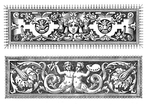 Two richly decorated baroque typographic borders with figures, objects  and floreal motives