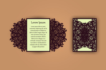 Wedding invitation or greeting card with vintage lace ornament. Mock-up for laser cutting. Vector illustration.