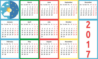 Calendar 2017, day, night