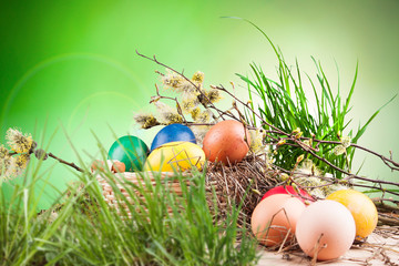 Colorful Easter eggs in a basket