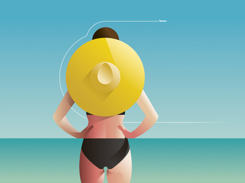 Illustration of woman in bikini with sunhat standing on beach