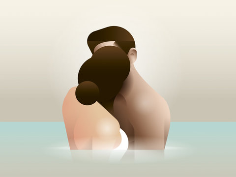 Illustration of couple kissing in bay