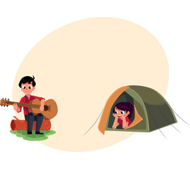 Camping kids - boy and girl playing guitar and looking out of tent, cartoon vector illustration with place for text. Kids camping, hiking, playing guitar and listening lying in tent