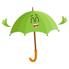 Cute and funny open green umbrella character with smiling human face giving thumb up, cartoon vector illustration isolated on white background. Open umbrella, parasol character, mascot, design element