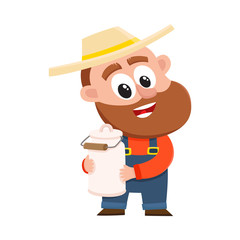 Funny farmer, gardener character in straw hat and overalls holding retro style milk can, canister, cartoon vector illustration isolated on white background. Comic farmer character, design elements