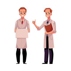 Two male doctors in medical coats, one holding blank board, sign, plate, another showing thumb up, cartoon vector illustration isolated on white background. Full length portrait of two man doctors