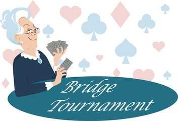 Elderly woman playing cards, Bridge Tournament is written on the table, EPS 8 vector illustration