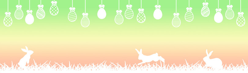 Easter banner with white easter eggs, hares and grass  on green and soft pink gradient background © ewelinaf