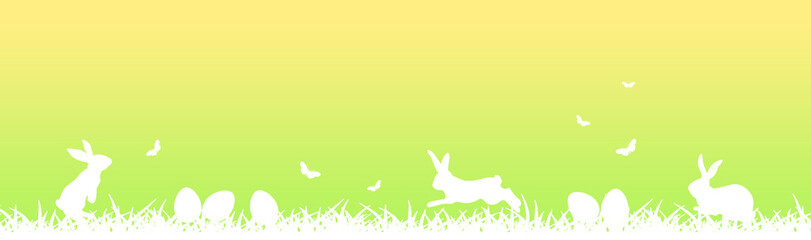 Easter banner with white easter eggs, hares, butterflies and grass  on green and yellow gradient background © ewelinaf