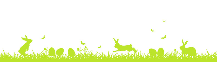 Easter banner with green easter eggs, hares, flowers, butterflies and grass  on white  background - obrazy, fototapety, plakaty