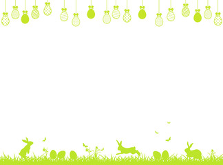 Easter background with green easter eggs, hares, flowers, butterflies and grass  on white  background - obrazy, fototapety, plakaty