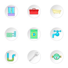 Plumbing icons set, cartoon style