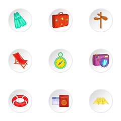 Journey to sea icons set, cartoon style