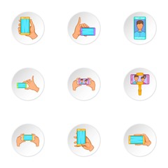 Photo on mobile phone icons set, cartoon style