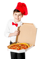 Boy holding pizza isolated on white background