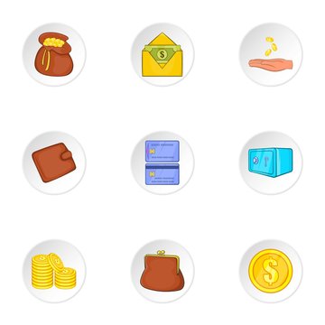 Bank and money icons set, cartoon style