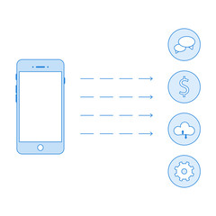 Linear concept of two phones exchanging information in linear style for your presentation. Vector illustration.