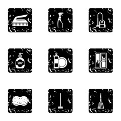 Sanitary day in hostel icons set, grunge style