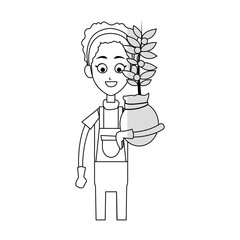 gardener woman holding a plant in a pot cartoon icon over white background. vector illustration