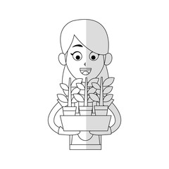gardener woman holding a plant in a pot cartoon icon over white background. vector illustration