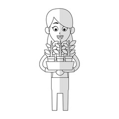 gardener woman holding a plant in a pot cartoon icon over white background. vector illustration
