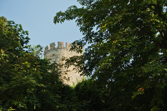 Kalemegdan fortress tower from the woods below fortress wall in Belgrade, Serbia