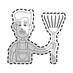 happy male farmer holding rake icon image vector illustration design 